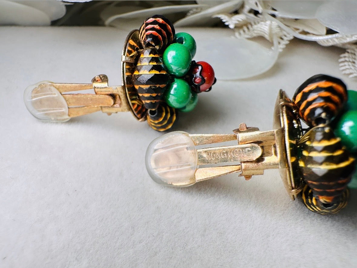 60s Beaded Clip On Earrings, Unique Vintage Retro Earrings in Red and Green, Made in Hong Kong