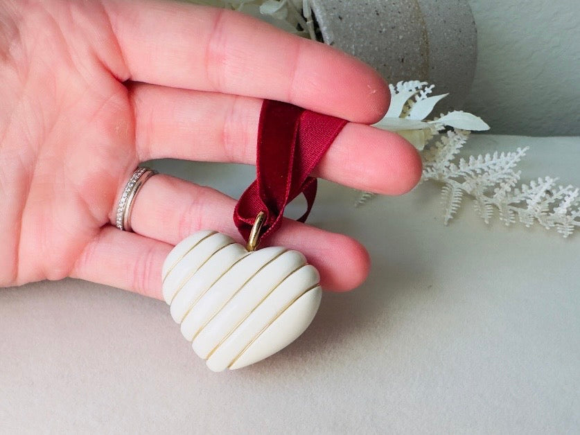 Cream and Gold Vintage Striped Puffy Heart Pendant on Cranberry Red Velvet Choker