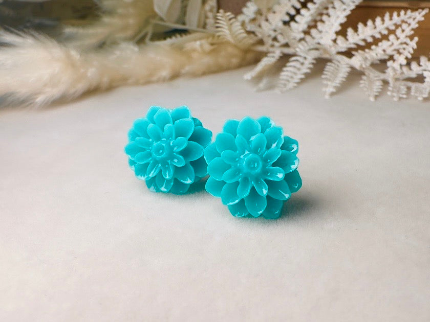 Turquoise Flower Earrings, Teal Chrysanthemum Post Earrings
