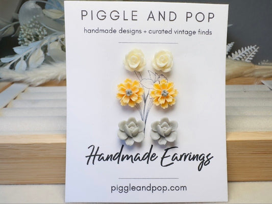 Daisy Earrings Gift Set, Handmade Flower Stud Earrings in Buttercream Yellow and Gray, Hypoallergenic Surgical Steel Post Earrings