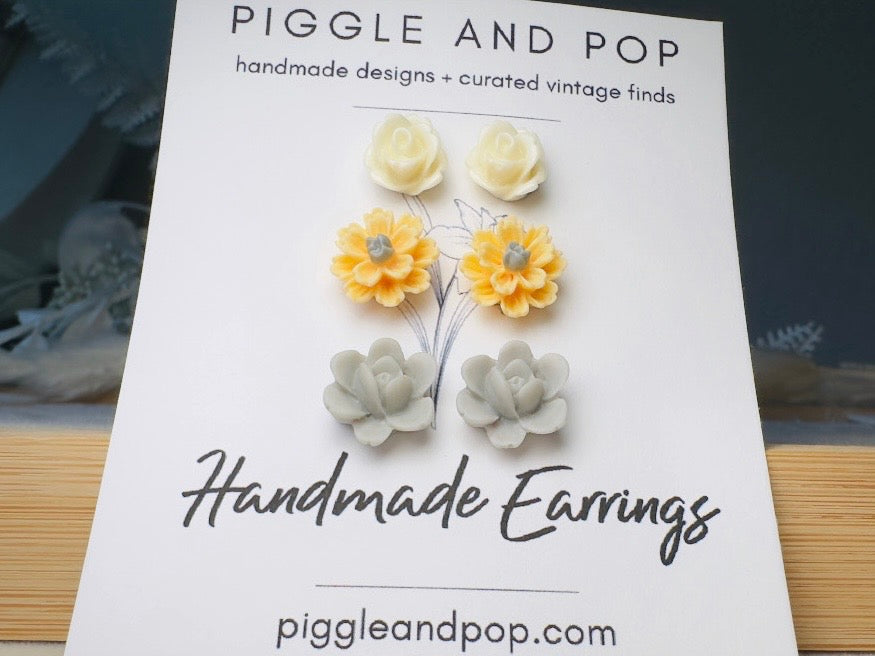 Daisy Earrings Gift Set, Handmade Flower Stud Earrings in Buttercream Yellow and Gray, Hypoallergenic Surgical Steel Post Earrings