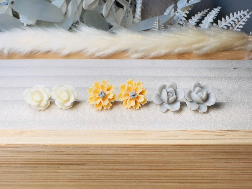 Daisy Earrings Gift Set, Handmade Flower Stud Earrings in Buttercream Yellow and Gray, Hypoallergenic Surgical Steel Post Earrings