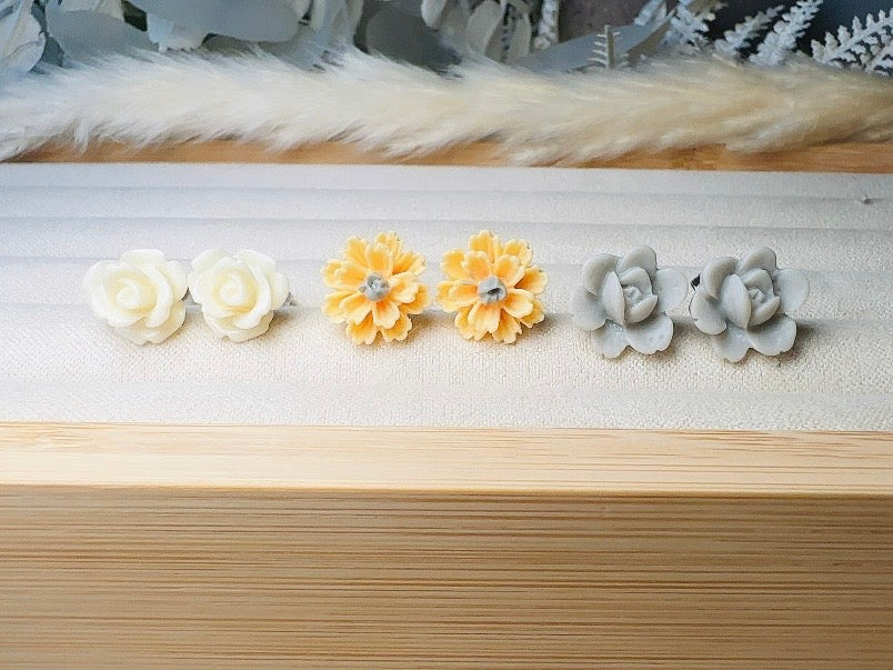 Daisy Earrings Gift Set, Handmade Flower Stud Earrings in Buttercream Yellow and Gray, Hypoallergenic Surgical Steel Post Earrings