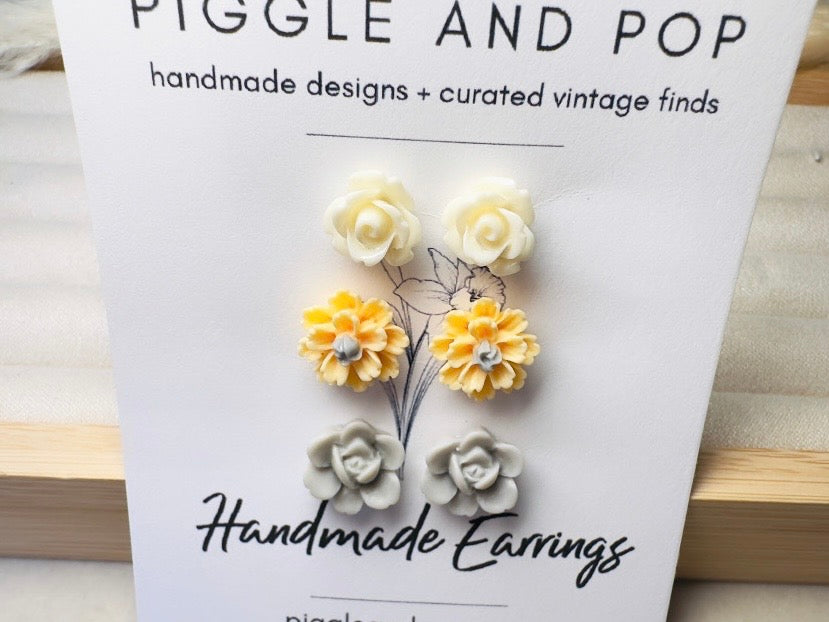 Daisy Earrings Gift Set, Handmade Flower Stud Earrings in Buttercream Yellow and Gray, Hypoallergenic Surgical Steel Post Earrings