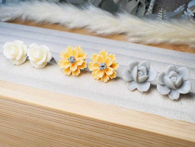 Daisy Earrings Gift Set, Handmade Flower Stud Earrings in Buttercream Yellow and Gray, Hypoallergenic Surgical Steel Post Earrings