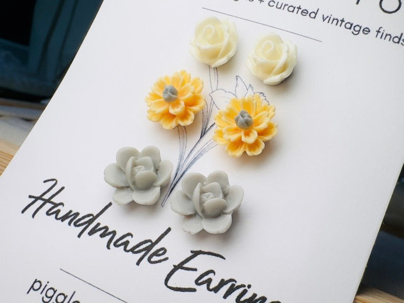 Daisy Earrings Gift Set, Handmade Flower Stud Earrings in Buttercream Yellow and Gray, Hypoallergenic Surgical Steel Post Earrings