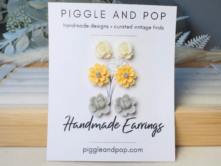 Daisy Earrings Gift Set, Handmade Flower Stud Earrings in Buttercream Yellow and Gray, Hypoallergenic Surgical Steel Post Earrings