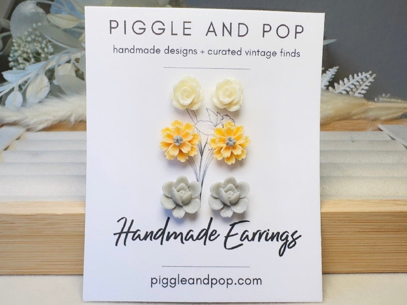 Daisy Earrings Gift Set, Handmade Flower Stud Earrings in Buttercream Yellow and Gray, Hypoallergenic Surgical Steel Post Earrings
