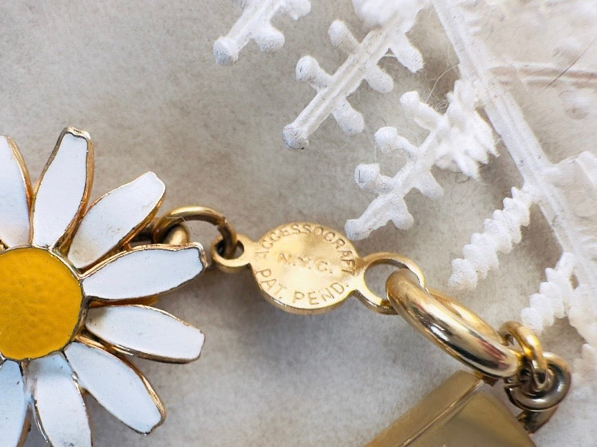 Daisy Link Bracelet, 70s Accessocraft Gold Plated Vintage Bracelet with White and Yellow Enamel  Flowers