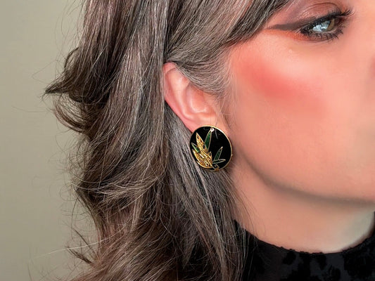 Designer Vintage Earrings, RARE Tropical Edgar Berebi Signed Disc Earrings, Black Enamel Gold and Green Leaf Cut Out 