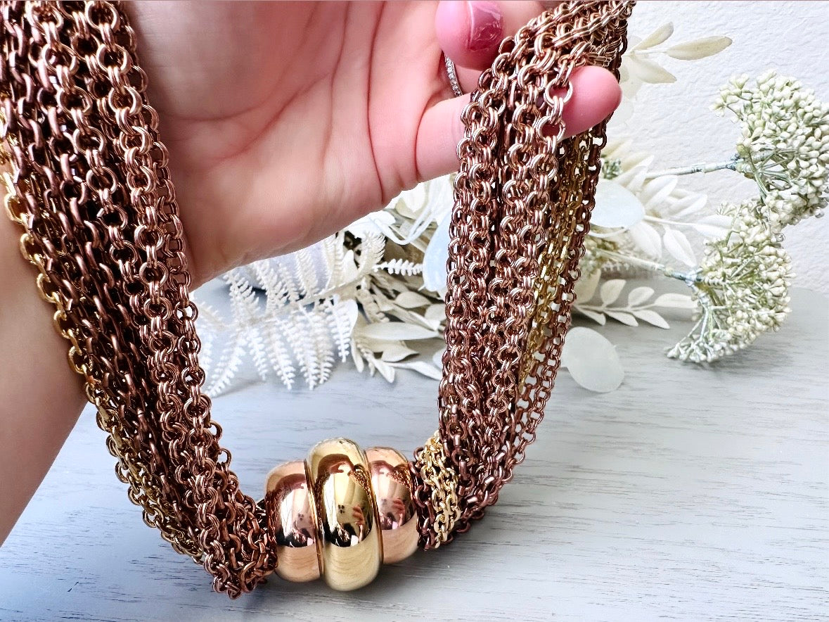close up Designer Vintage Monet Torsade Necklace, Mixed Metals Multi-strand Statement Necklace