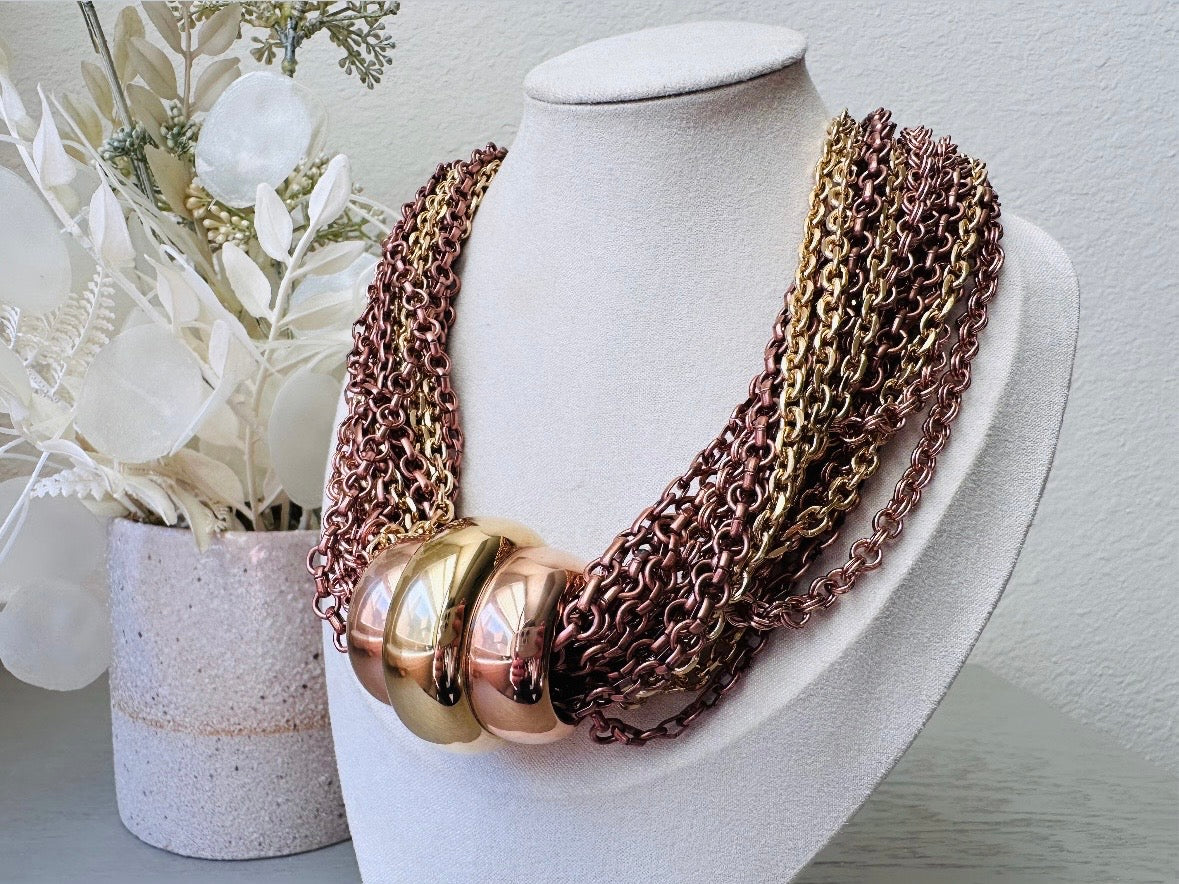  on bust Designer Vintage Monet Torsade Necklace, Mixed Metals Multi-strand Statement Necklace