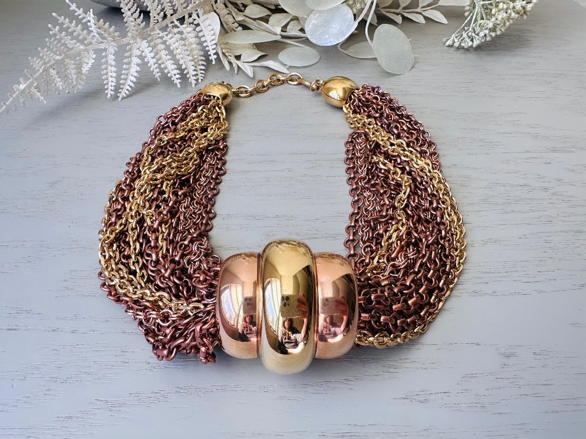 high End Designer Vintage Monet Torsade Necklace, Mixed Metals Multi-strand Statement Necklace