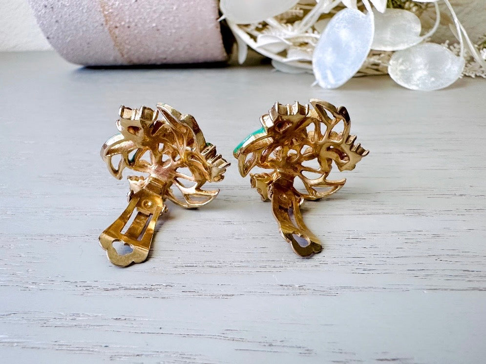 Vintage Enamel Flower Earrings, 1940s Charel Gold Floral Earrings w Green & Cream Painted  Flower Clusters, Clip On Designer Signed Earrings