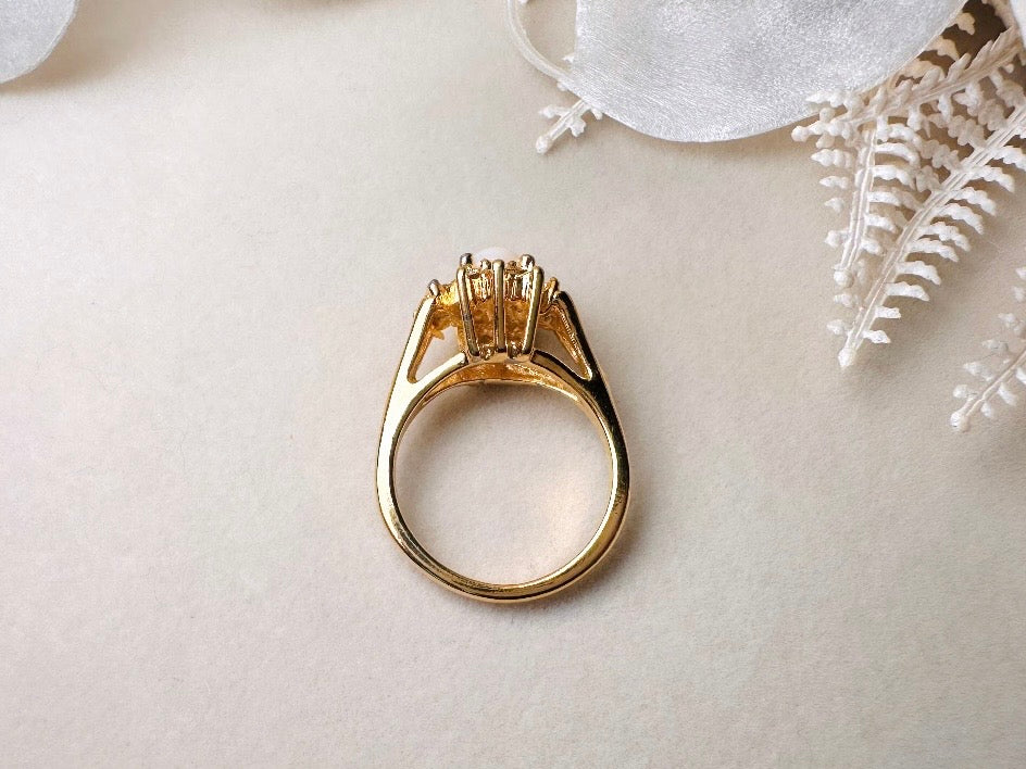 Vintage Cocktail Ring, Faux Opal and Diamond Rhinestone 1960's Costume Fashion Ring, Gold Toned Diamond Hollywood Regency Ring Size 6.5