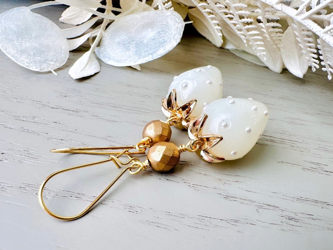 White Strawberry Earrings, Original Handmade 24k Gold + Glass Earrings, Large Pearl Strawberry Dangle Earrings, Unique Handmade Earrings