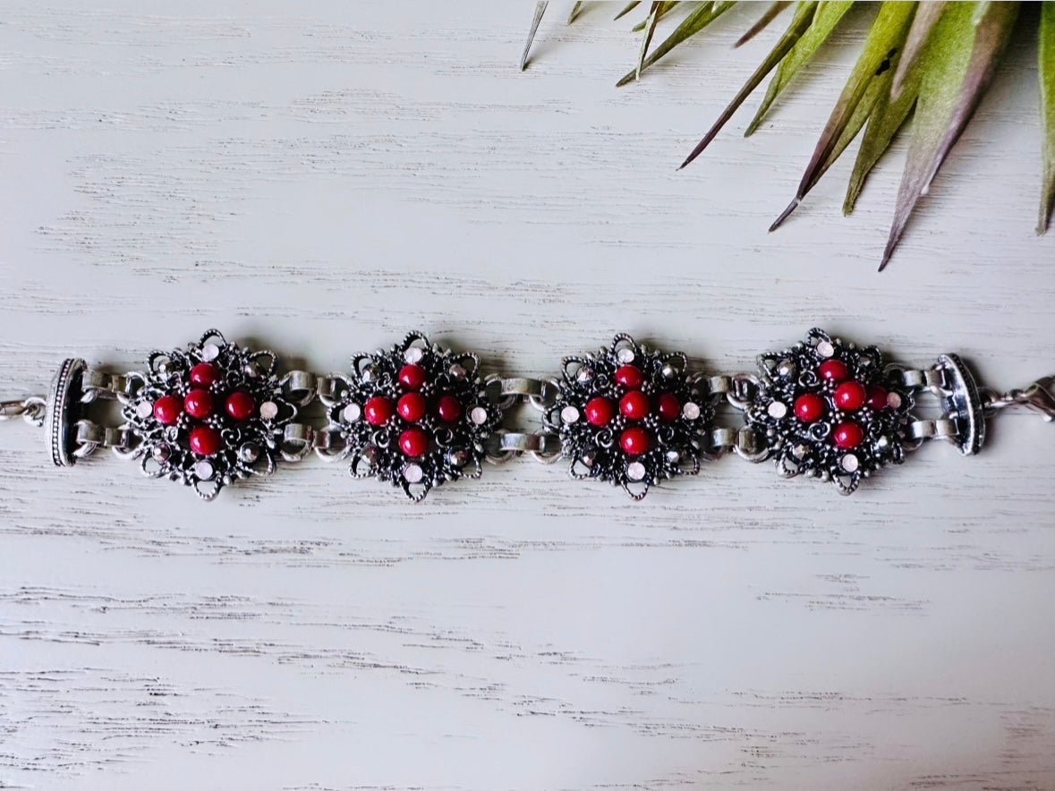 Vintage Flower Link Bracelet, Deep Burgundy Red and Pale Pink Rhinestones, Silver Tone Bracelet