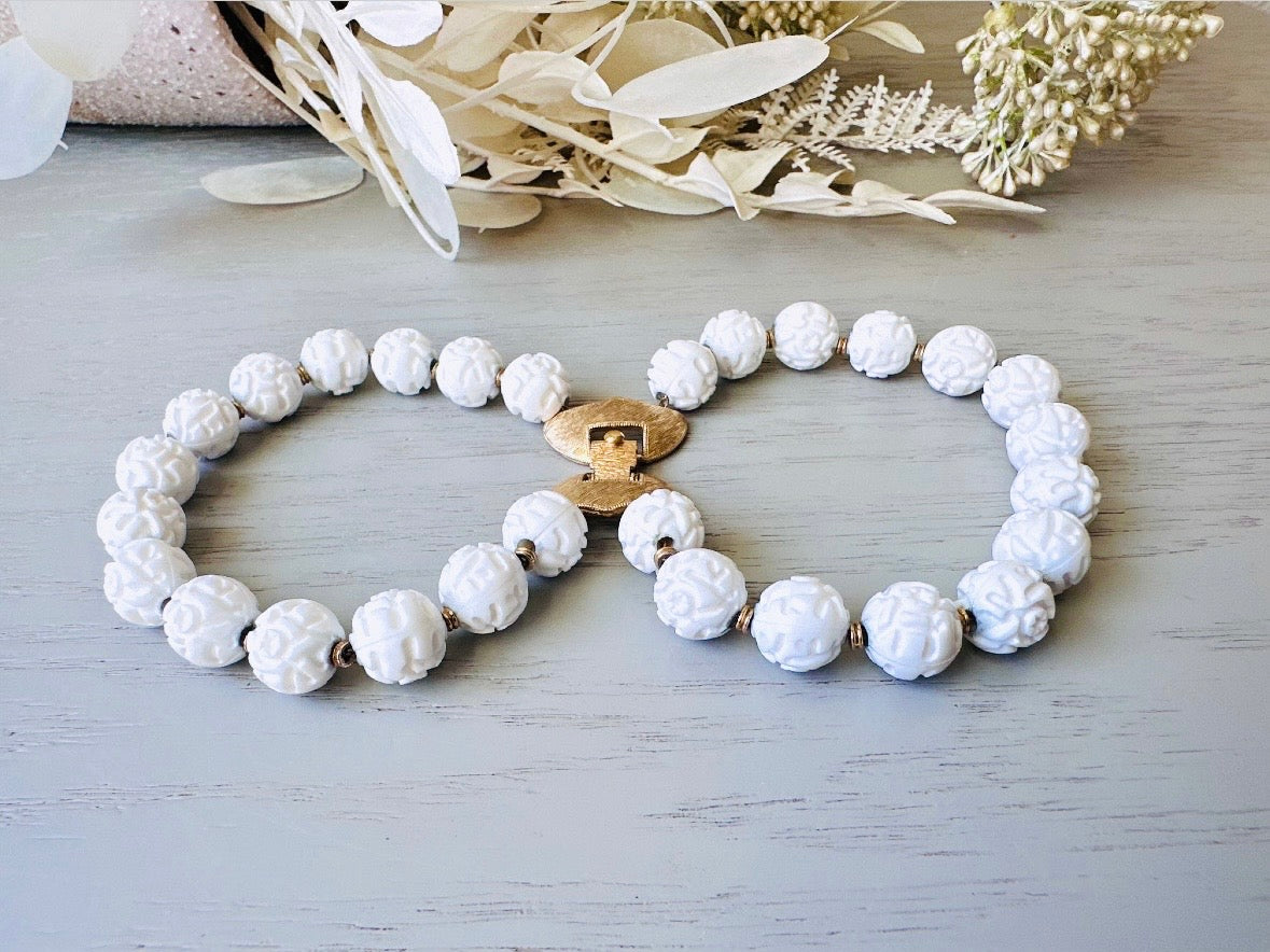 1960's Carved White Floral Bracelet, VTG 60s White Acrylic Double Strand Bracelet with Beautiful Clasp, White & Gold Signed Monet Bracelet