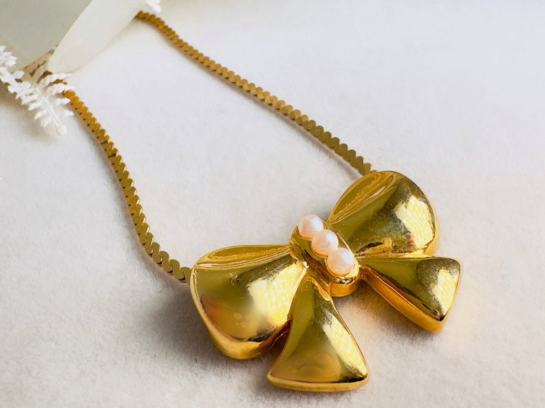 Gold Bow Necklace, Vintage Marvella Slide Pendant Necklace with Tiny Pearl Accents, Gold Ribbon Necklace on 18" Serpentine Chain