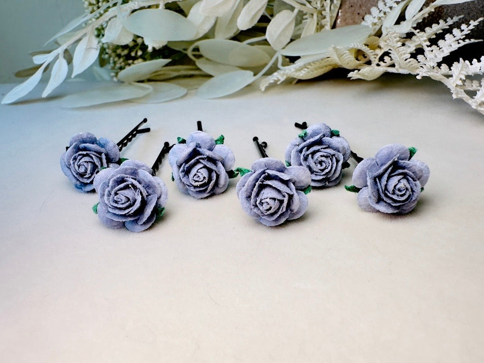 Dark Grey Rose Hair Pin Set, 6 Handmade Paper Flower Bobby Pins in Beautiful Deep Gray, Timeless Bridal Hair Accessories for Floral Wedding MPR6