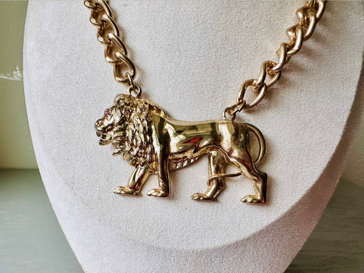 Vintage Gold Lion Necklace, Leo Zodiac Necklace, Big Bold Gold Lion Pendant Necklace, Eye Catching Runway Statement Necklace