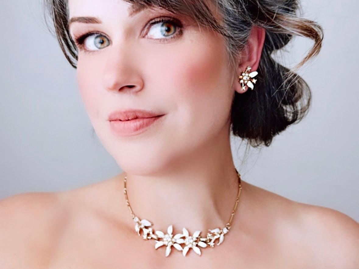 Vintage Choker and Earrings Set, Cream White Enamel Flower Choker Necklace with Matching Earrings, Diamond Rhinestone Vintage Jewelry Set