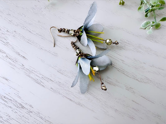 Slate Grey Flower Earrings with Sage Green and   Pyrite Crystals, Handmade Whimsical Fabric Flower Lightweight Garden Faerie Earrings