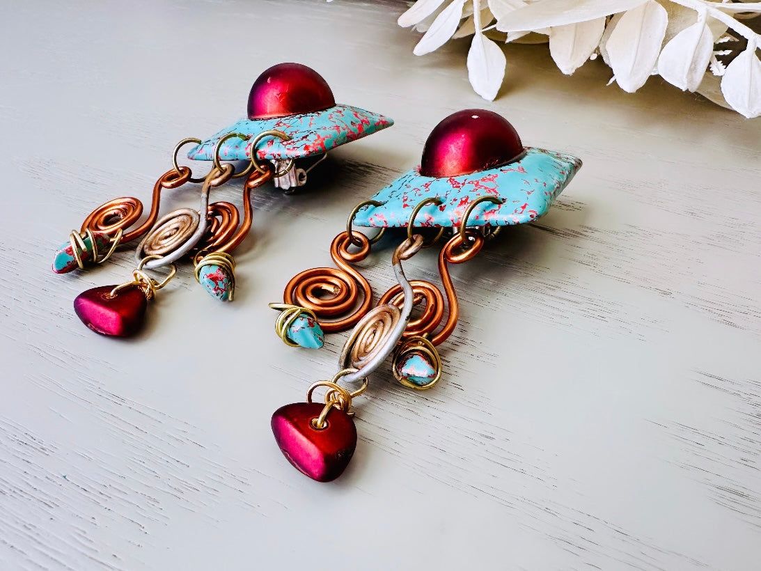 80s Funky Statement Earrings, Red and Turquoise Vintage Oversized Clip-On Soutwestern Earrings with Coiled Wirework, Big Unique Earrings