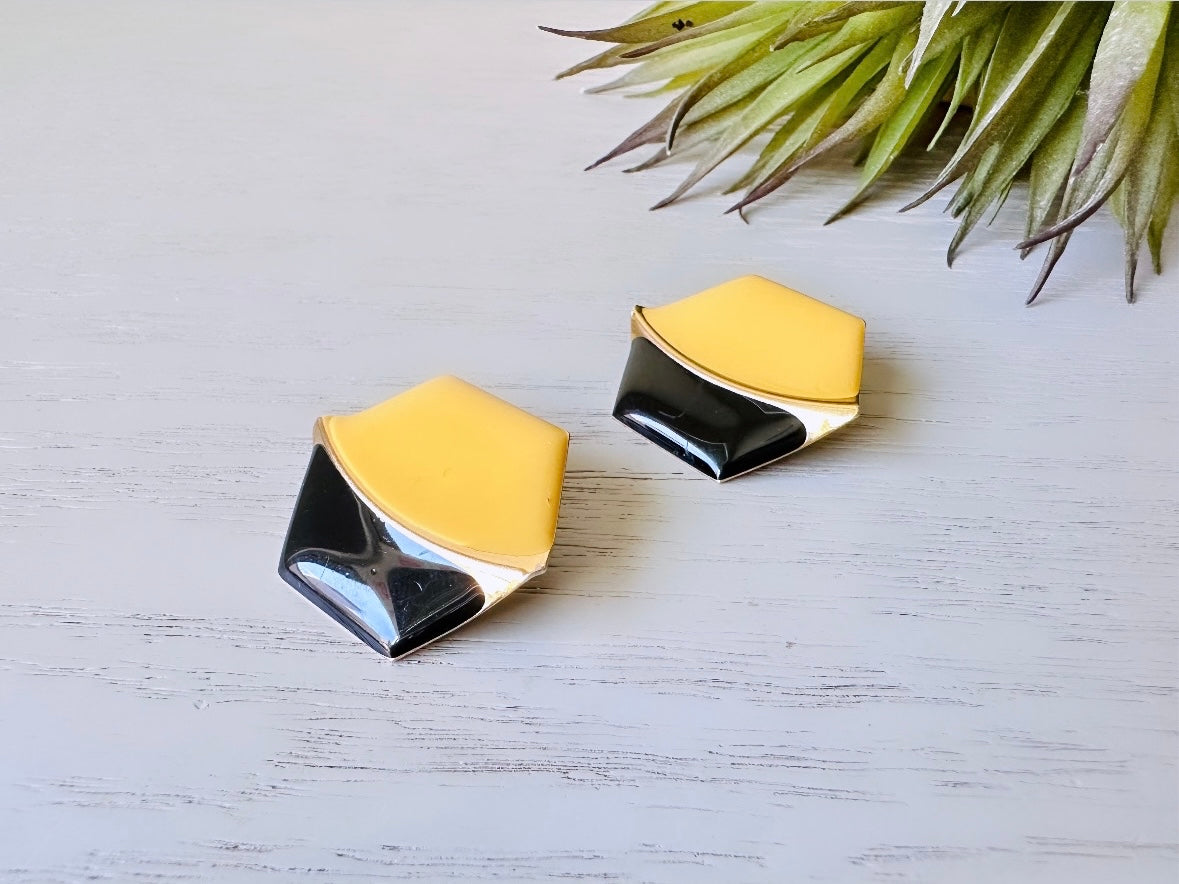 Two-tone Hexagon Earrings, Black and Mustard Yellow Enamel Metal Pierced Earrings, Unique Vintage Gold Accent Pierced Post Earrings