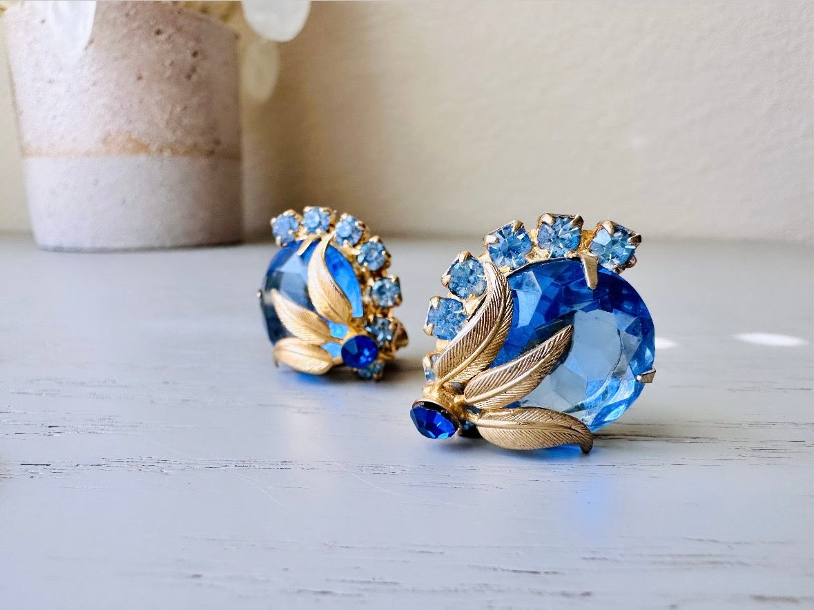 Sapphire Blue Earrings, Gorgeous Sparkling Jewel Vintage Gold Earrings  Rhinestone Clip On Earrings, Elegant 1960s Something Blue for Bride