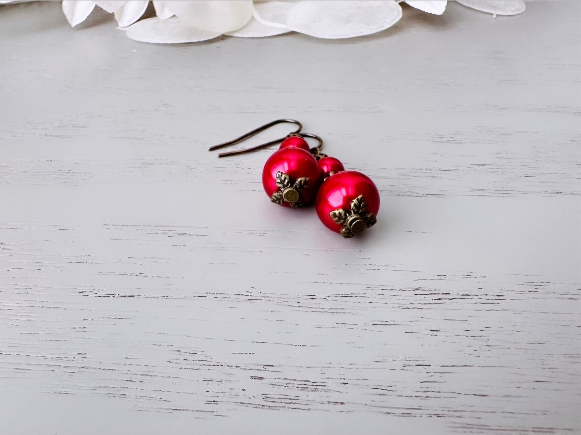 Red Pearl Earrings, Holiday Red Beaded Drop Earrings with Antique Bronze Floral Accents. Simple Vintage Inspired Handmade Earring Gifts