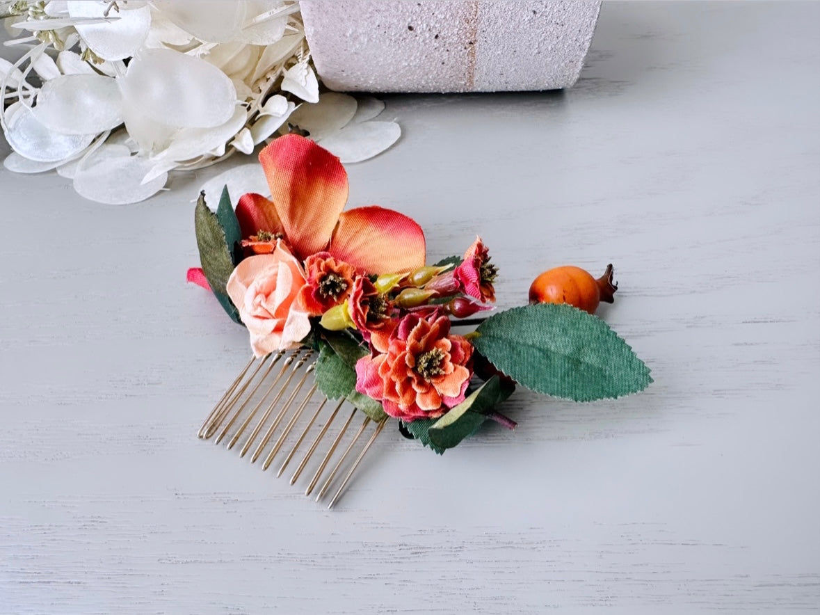 Burnt Orange Flower Hair Comb, Autumn Hair Comb, Fall Wedding Hair, One of a Kind Handmade Hair Comb, Rustic Bridal Hair Accessories