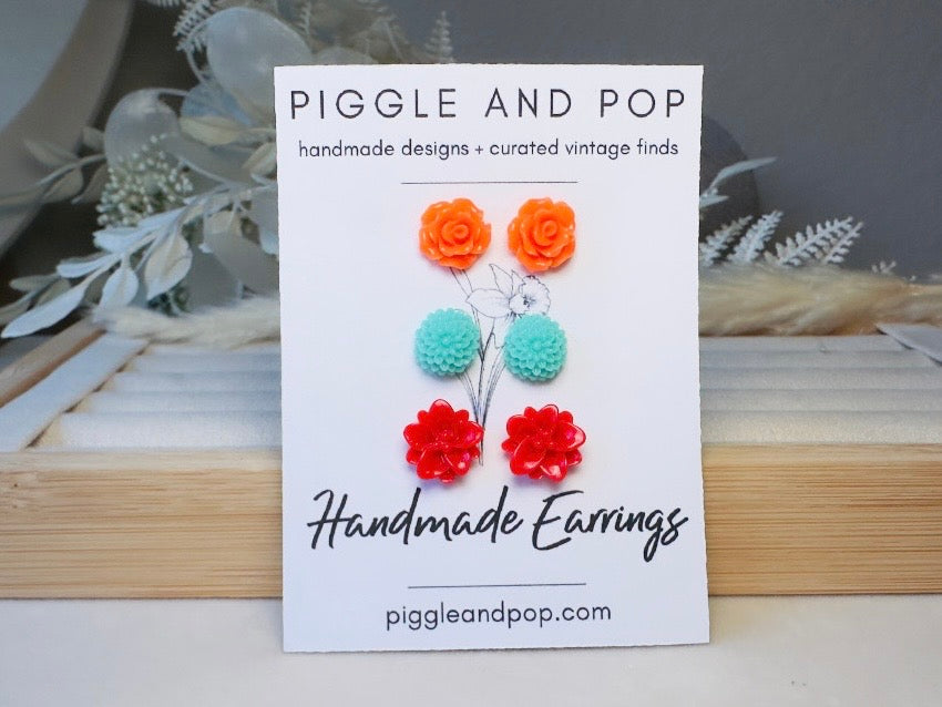 Flower Earring Stud Set in Orange, Teal and Red, Handmade Colorful Hypoallergenic Surgical Steel Post Earrings