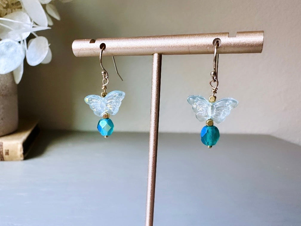 Gilded Butterfly Earrings, Handmade Aqua Blue & Gold Dainty Dangle Earrings, 14kt Gold Delicate Gold Earrings, Whimsical Butterfly Jewelry