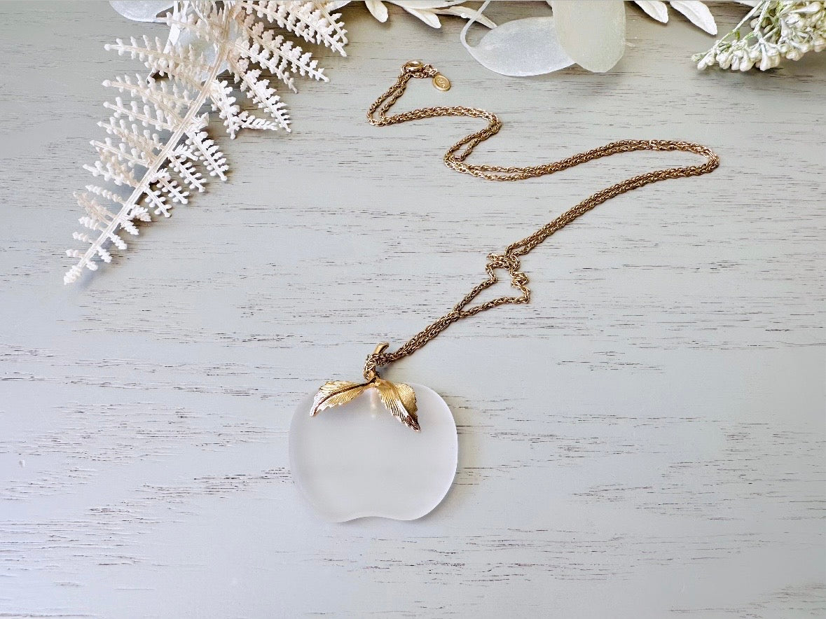 Vintage Apple Necklace, Avon Frosted Glass Pendant Necklace, 1978 Apple Pendant, Whimsical Enchanted Woodland 26" Long Chain Necklace