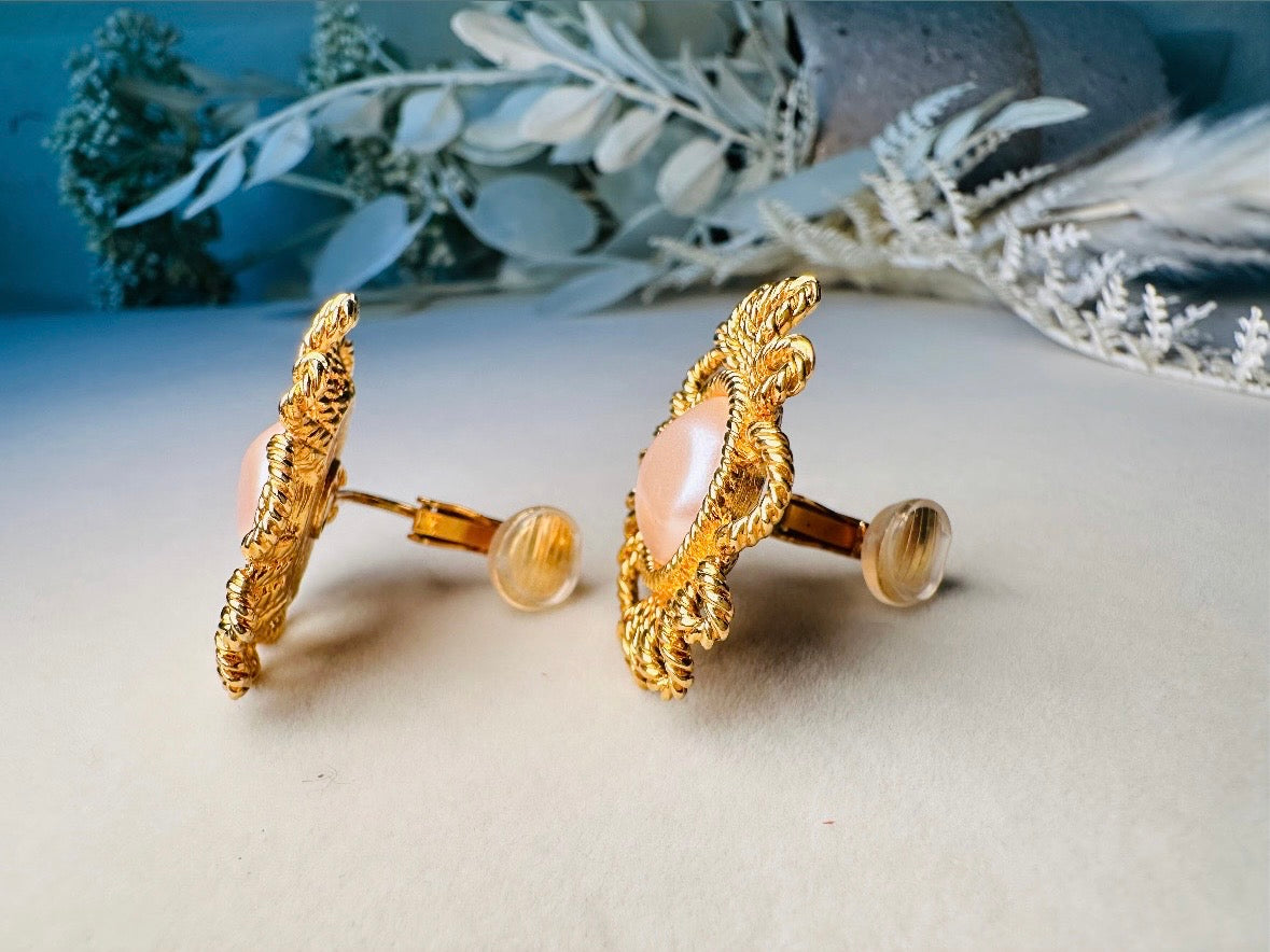 Vintage Blush Pearl Earrings, Gorgeous Pink Faux Pearl Cabochon & Burnished Gold Floral Clip On Earrings