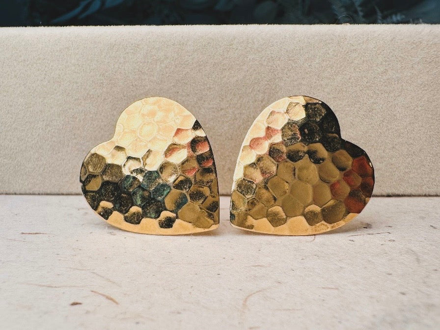 Gold Heart Earrings, Textured Hammered Gold Heart Shaped Clip on Earrings