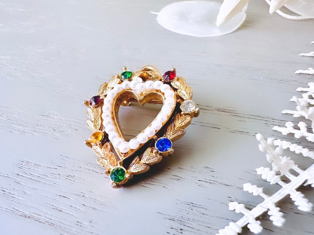 Vintage Heart Brooch w Pearls + Rhinestones in Red Green Blue, Romantic Vintage Pin, Antique Gold Heart Pin, Cute Mothers Day Gifts for Her
