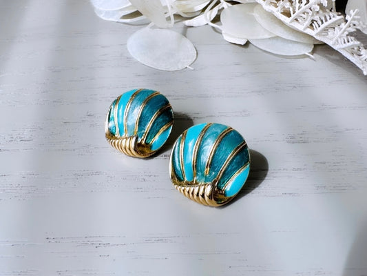 Vintage Shell Earrings, Mermaid Teal Blue Enamel Shell Pierced Earrings, Gold Beach Vintage Earrings, Pierced Vintage Seashell Earring Studs
