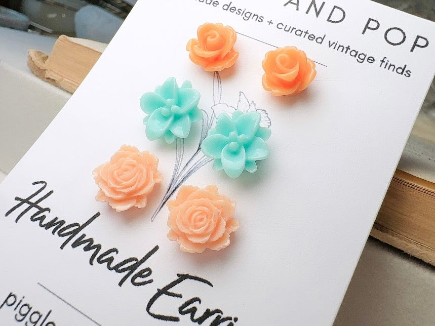 Flower Stud Earrings Set, Mint and Peach Post Earring Gift Set, Hypoallergenic Handmade Small Stud Earring
