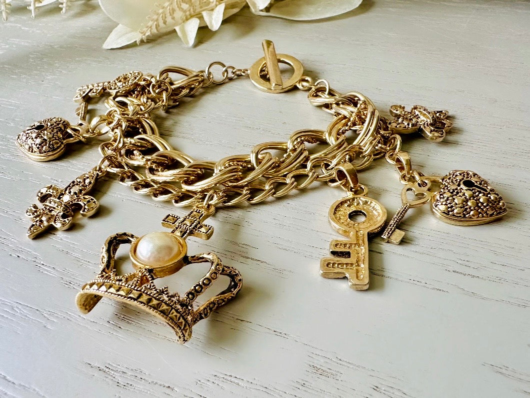 Vintage Charm Bracelet, Gold Triple Chain Bracelet with Hearts, Keys, fleur de lis Pearl Goldtone Bracelet, Vintage Gifts for Her 8.25” Long