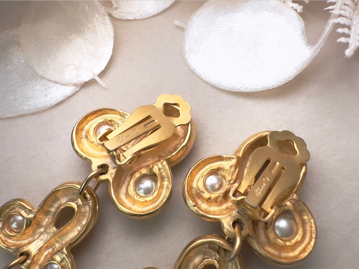 Vintage Blanca Designer Pearl Drop Oversized Matte Gold Clip On Earrings