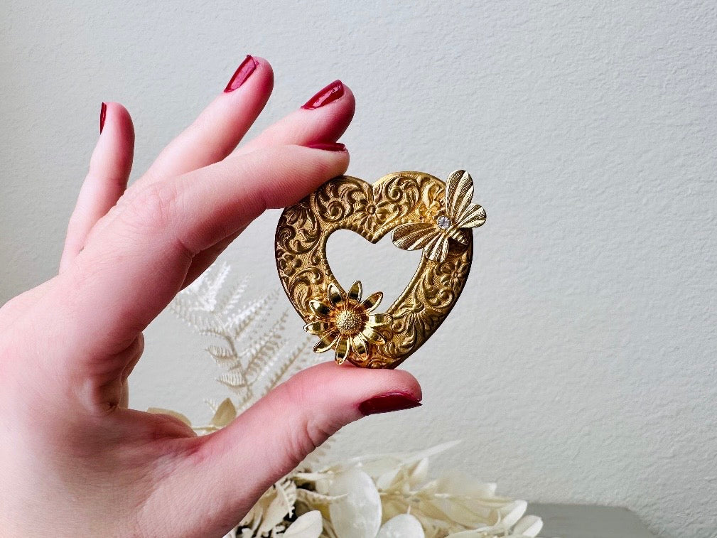 Vintage Heart Brooch, Romantic Regency Era Embossed Gold Heart Pin with Intricate Scrollwork, Raised Sunflower and Rhinestone Butterfly