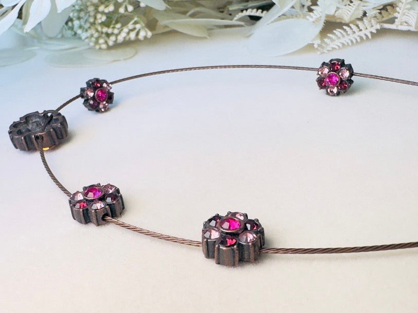 1928 Magenta Pink Rhinestone Floral Bronze Wire Necklace, 90s/Y2K NWT