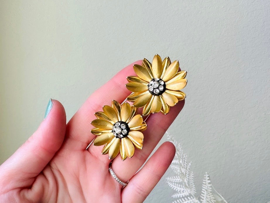 Gold Flower Earrings, Romantic Vintage 1960s Clip On Earrings, Matte Gold Tone Daisy Flower Rhinestone Center 1-3/8" 3D Layered Metal Petal