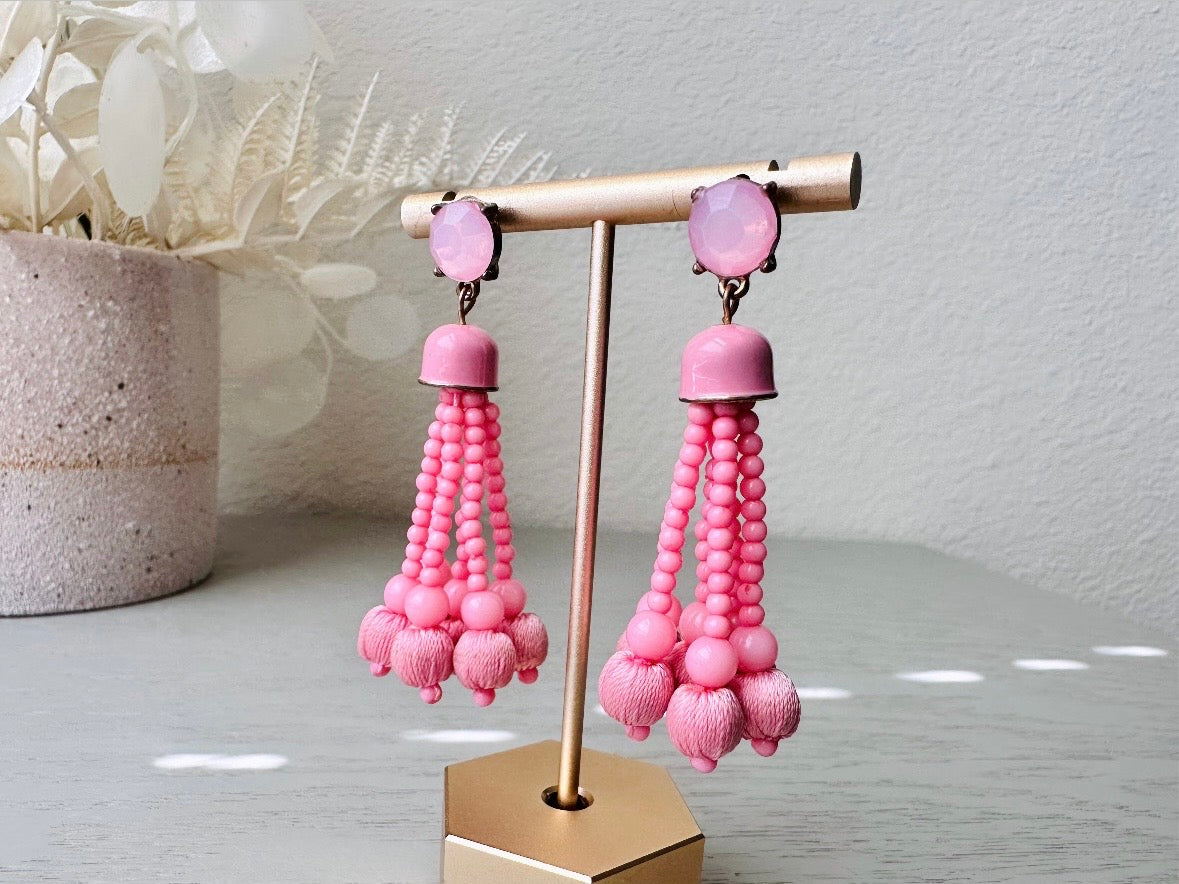 Pink Tassel Earrings, Bright Pink 1960s Earrings, Swinging 60s Vintage Earrings, Barbie Pink Mod Pop Beaded Fringe Pierced Fashion Earrings