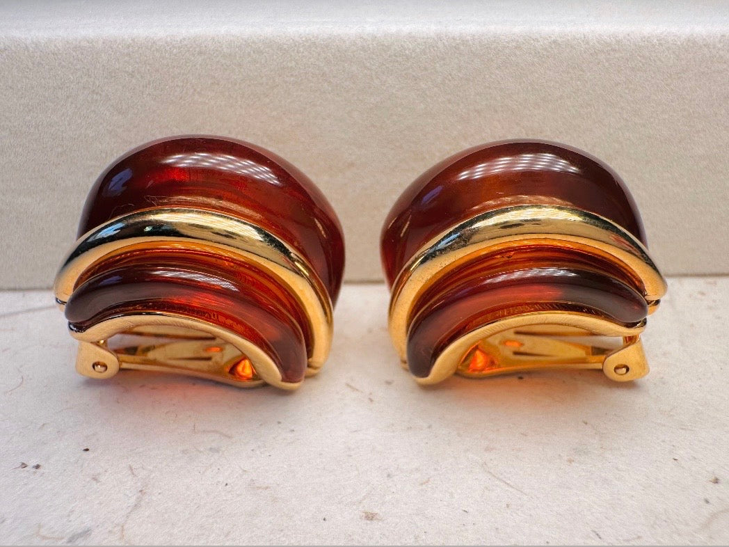 KJL Vintage Amber Lucite Double Ribbed Huggie Earrings