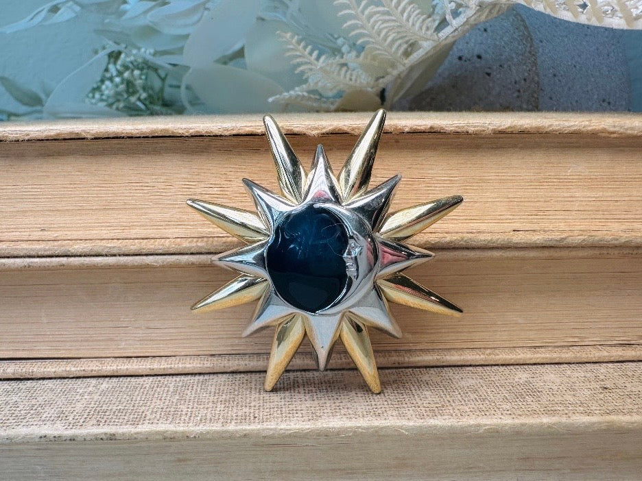 Vintage Liz Claiborne Star and Moon Pin, LCI Celestial Brooch in Gold and Silver with Midnight Blue Enamel