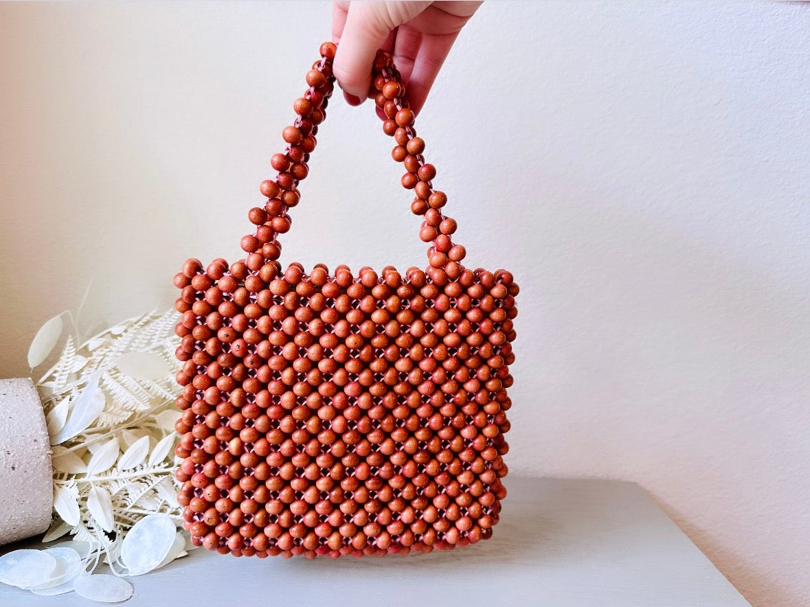 1960s Wood Beaded Purse, Handmade in Japan Vintage Mantessa Bag Fully Beaded Warm Brown Wooden Purse, True Vintage Stylish Bohemian Handbag