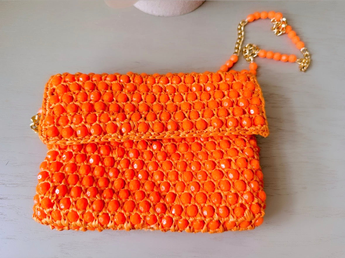 Vintage Orange Handbag, 1960s Beaded Raffia Crossbody Bag in Juicy Orange, Kiss Lock Clutch with Faceted Beaded Chain Strap, Retro 60s Mod